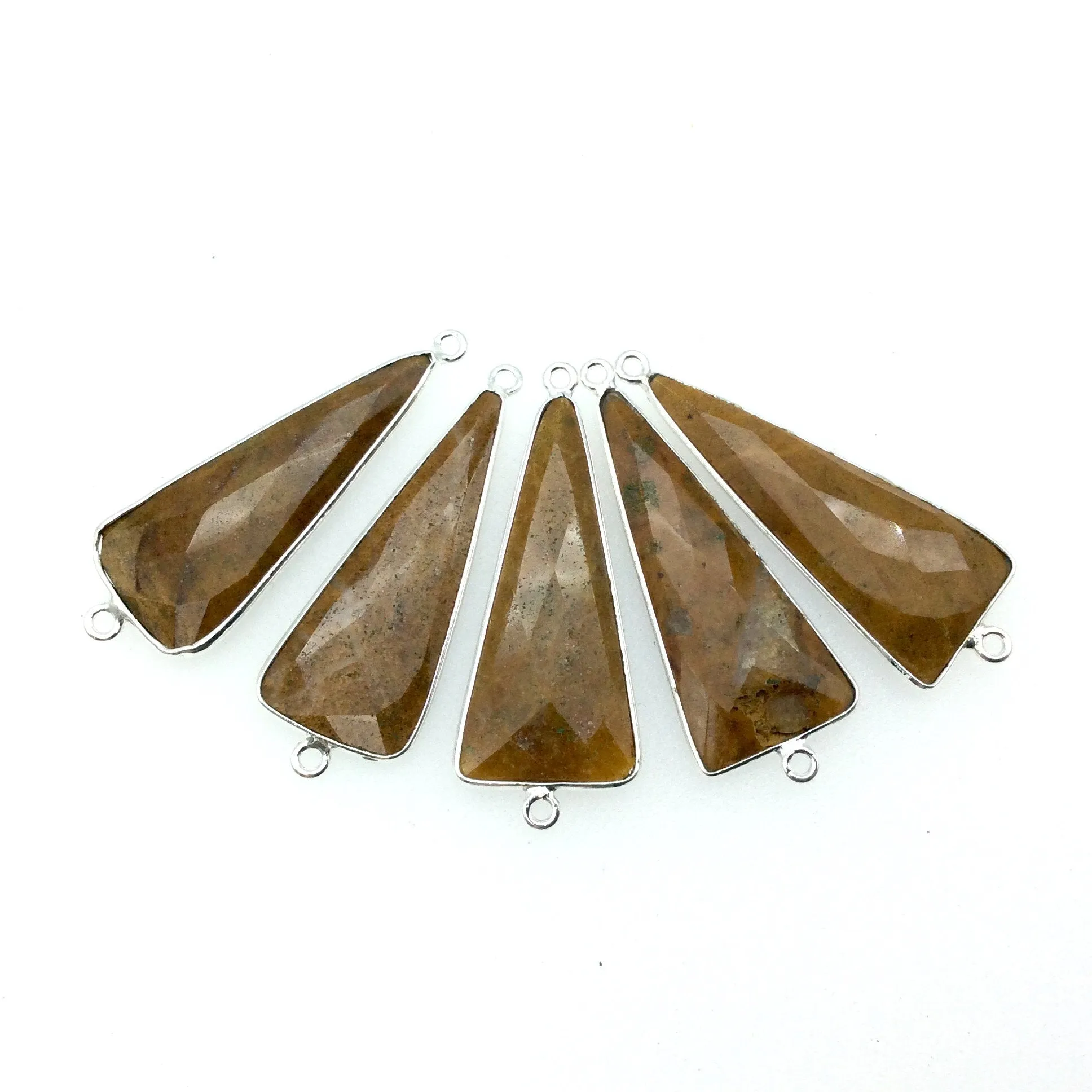 Yellow Jasper Bezel Connector - Faceted Long Triangle Shaped with Silver Finish - 15mm x 35mm - Natural Semi-Precious Gemstone