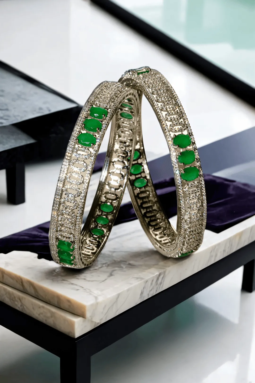 Zaria - Rhodium-Plated Emerald Luxe Bangles Set (7 PC)