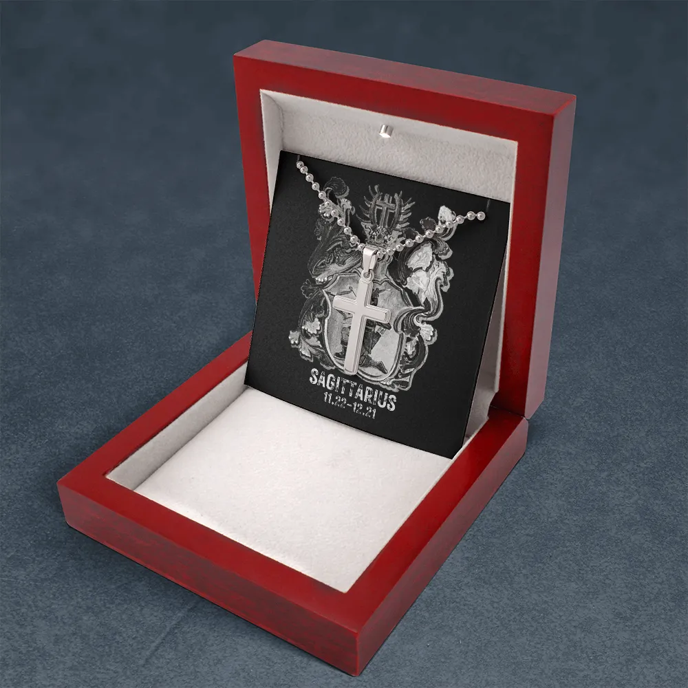Zodiac Sign Cards Artisan Crafted Stainless Cross Ball Chain Necklace with Luxury Mahogany Box w/LED