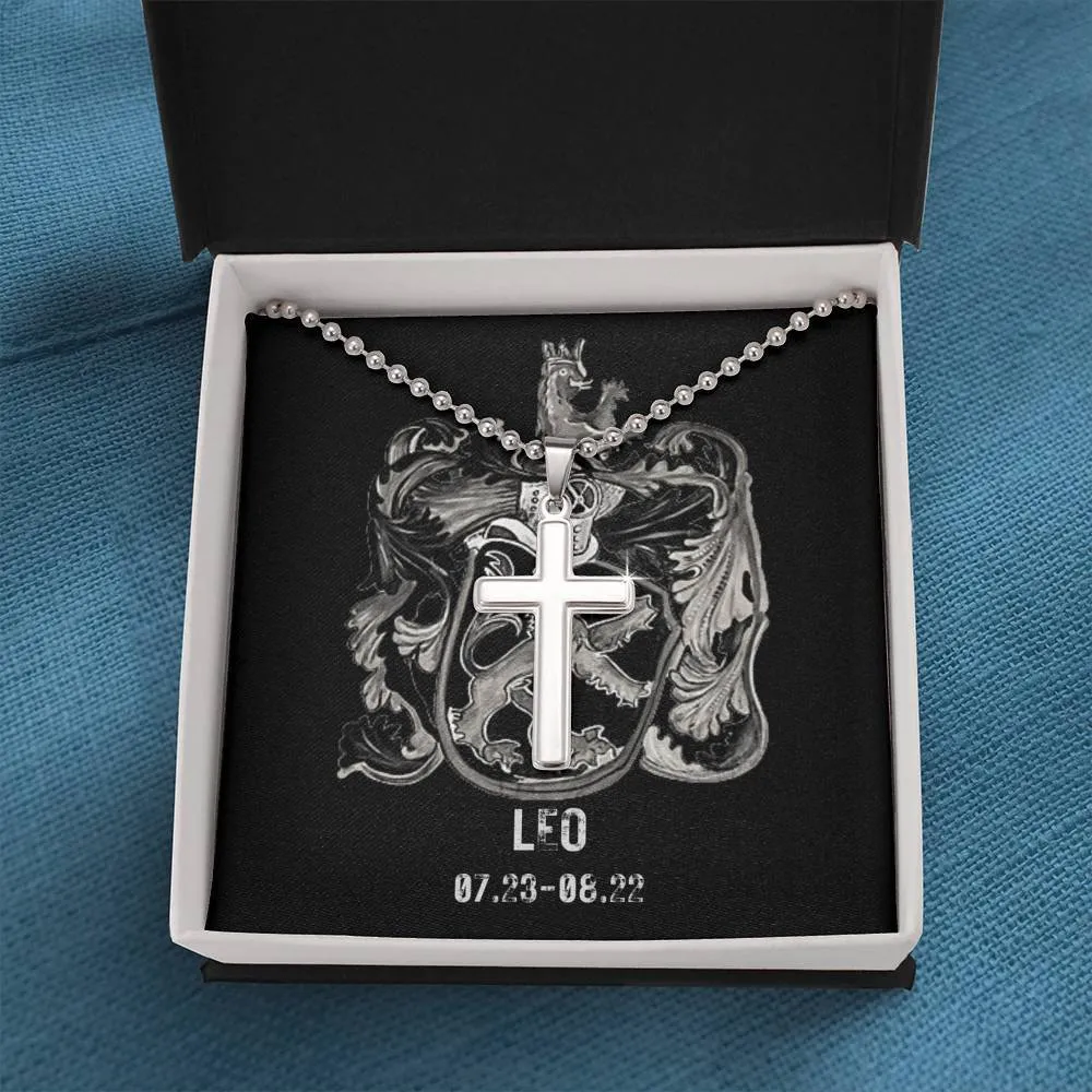 Zodiac Sign Cards Artisan Crafted Stainless Cross Ball Chain Necklace with Luxury Mahogany Box w/LED