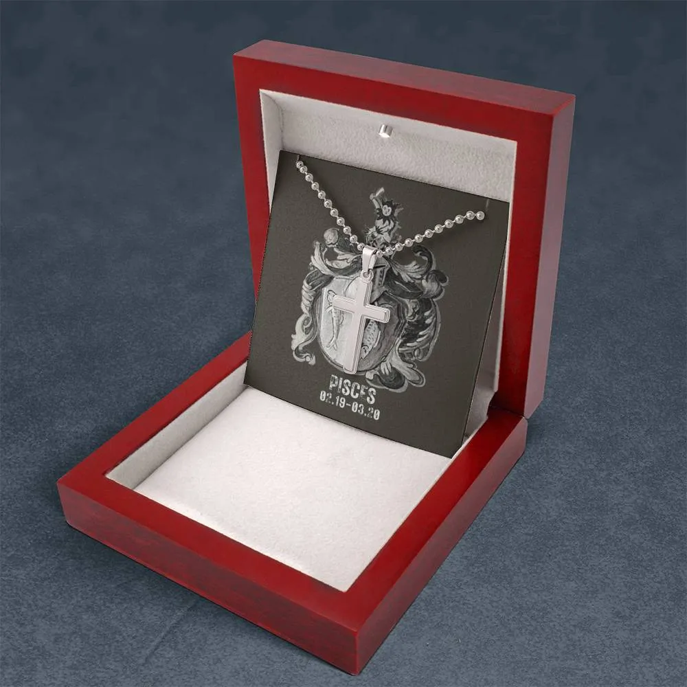 Zodiac Sign Cards Artisan Crafted Stainless Cross Ball Chain Necklace with Luxury Mahogany Box w/LED