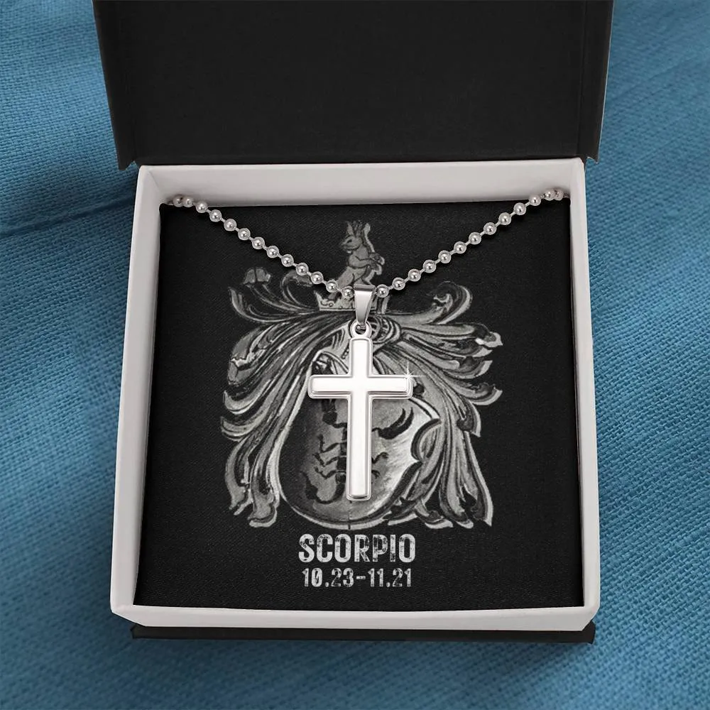 Zodiac Sign Cards Artisan Crafted Stainless Cross Ball Chain Necklace with Luxury Mahogany Box w/LED