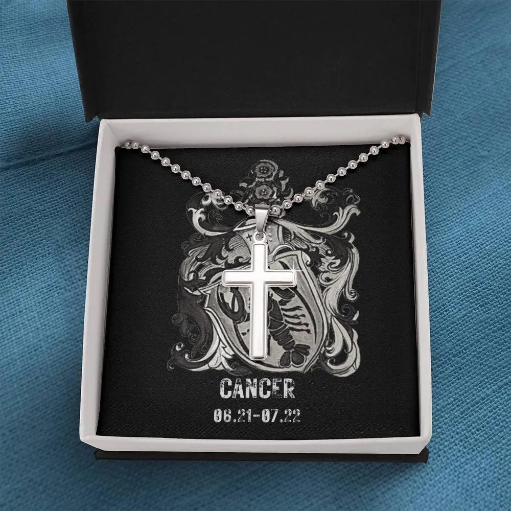 Zodiac Sign Cards Artisan Crafted Stainless Cross Ball Chain Necklace with Luxury Mahogany Box w/LED