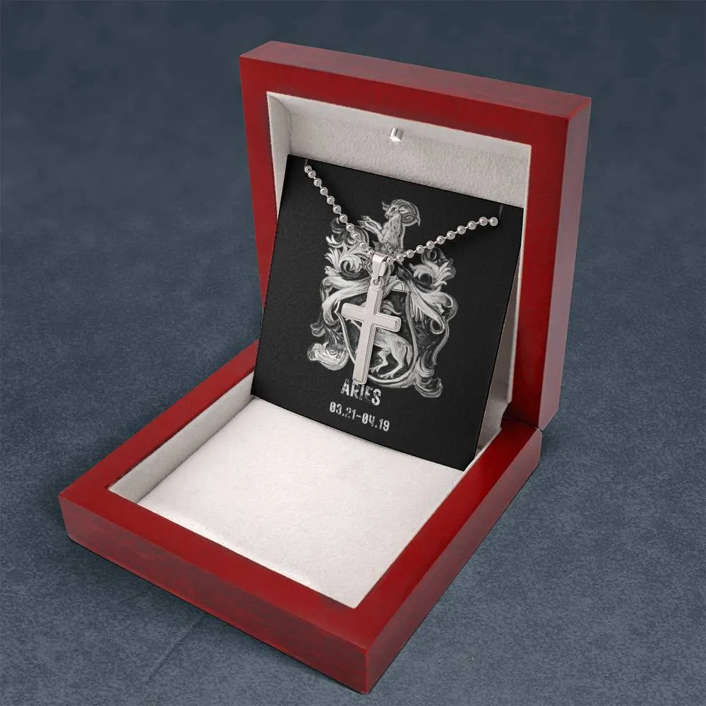 Zodiac Sign Cards Artisan Crafted Stainless Cross Ball Chain Necklace with Luxury Mahogany Box w/LED