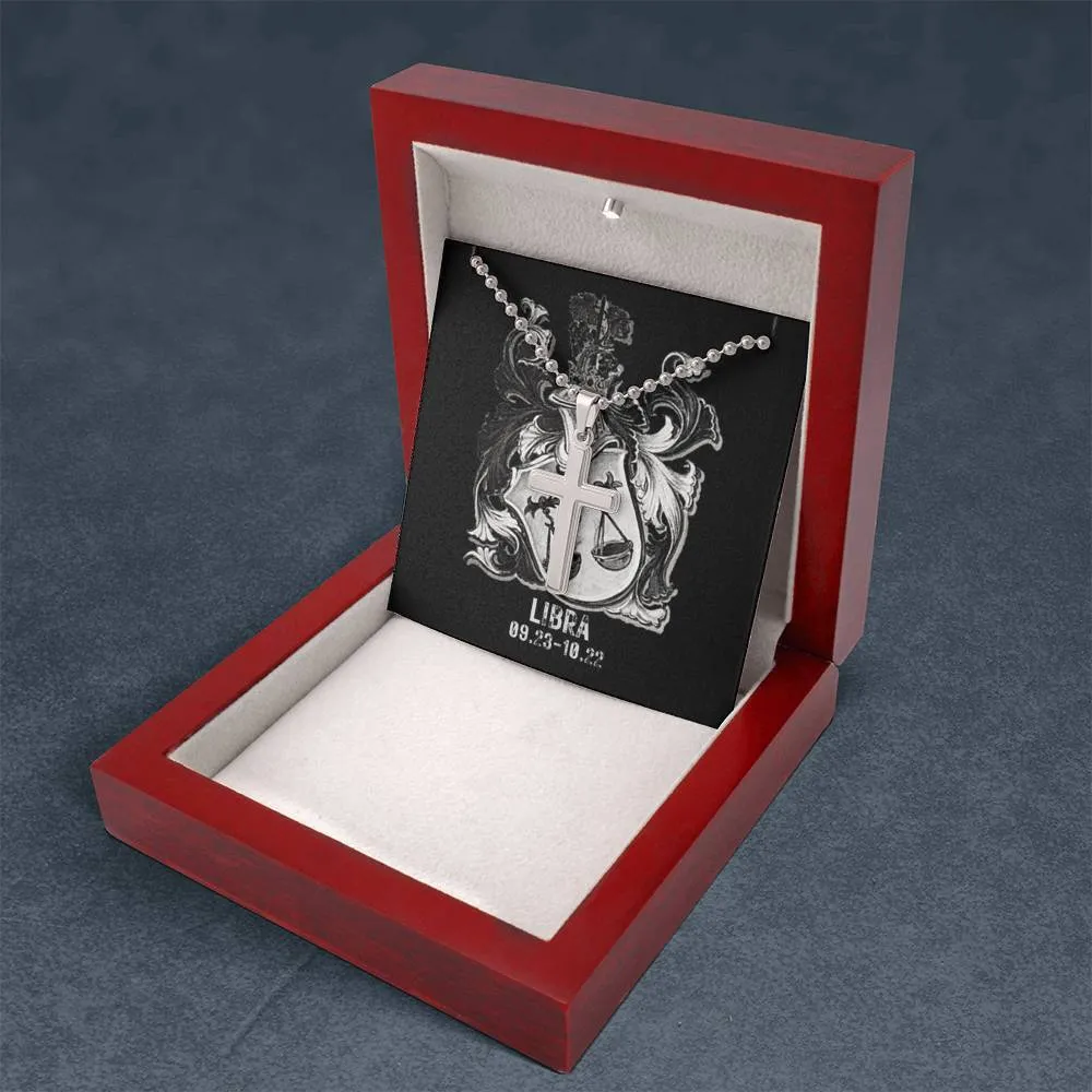 Zodiac Sign Cards Artisan Crafted Stainless Cross Ball Chain Necklace with Luxury Mahogany Box w/LED