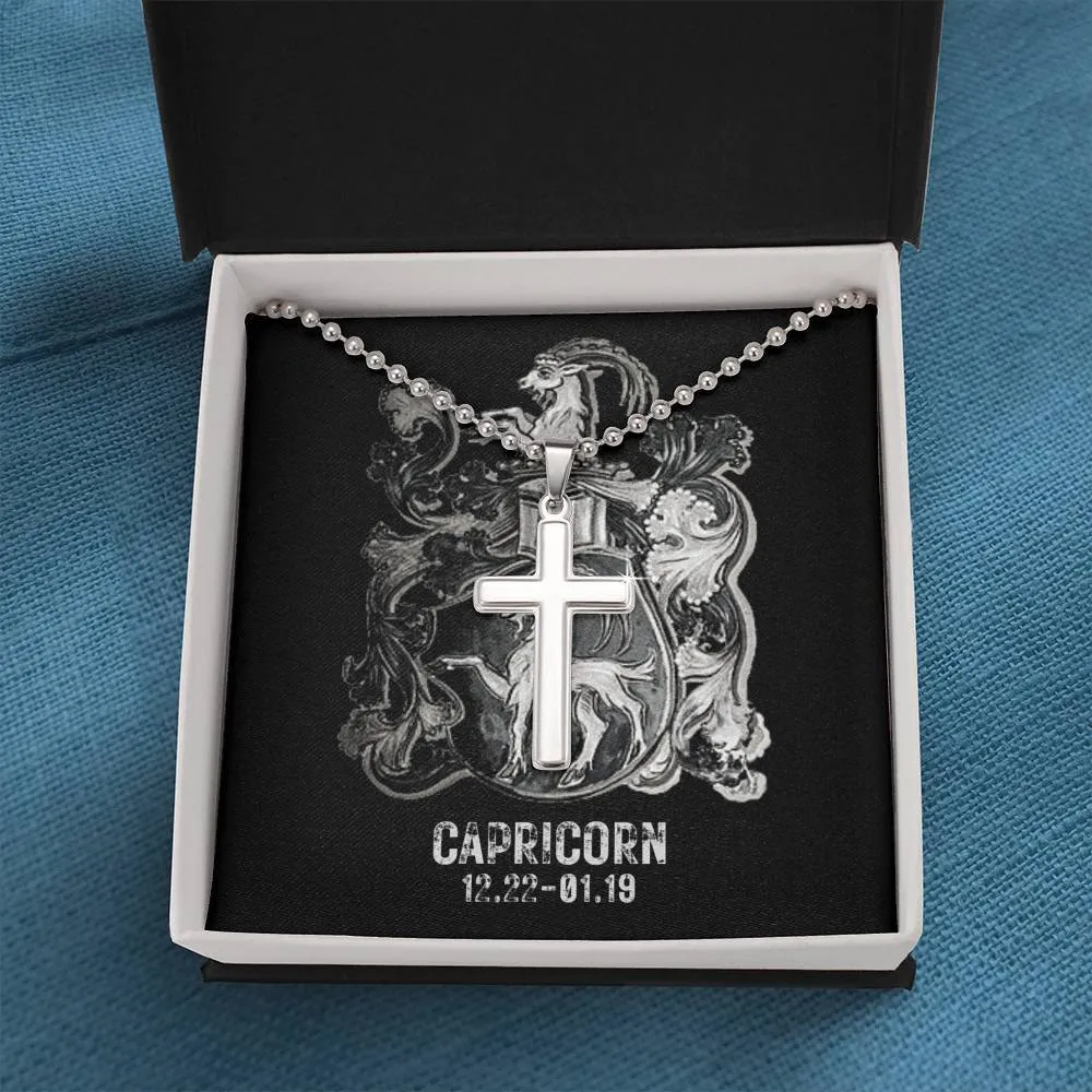 Zodiac Sign Cards Artisan Crafted Stainless Cross Ball Chain Necklace with Luxury Mahogany Box w/LED