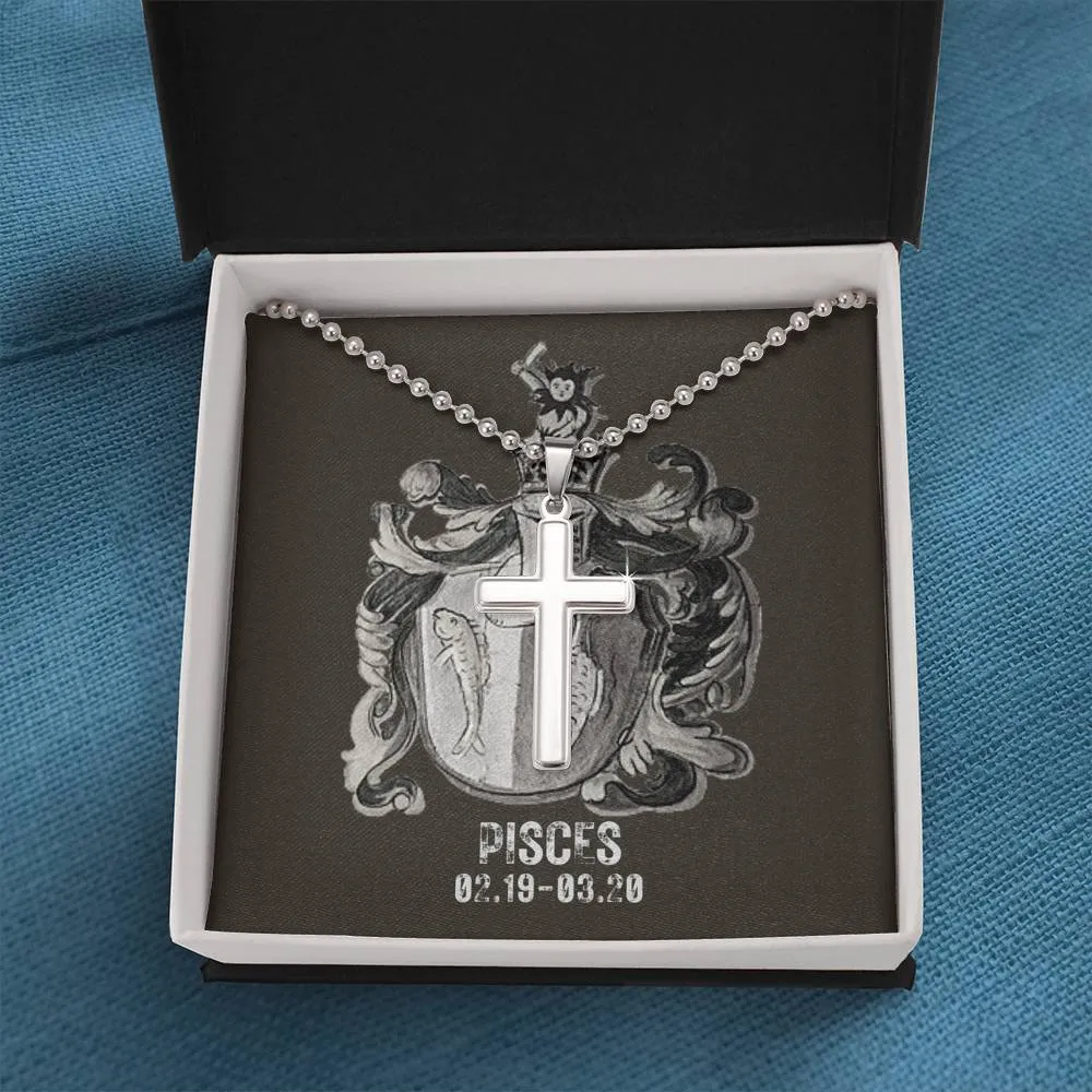 Zodiac Sign Cards Artisan Crafted Stainless Cross Ball Chain Necklace with Luxury Mahogany Box w/LED