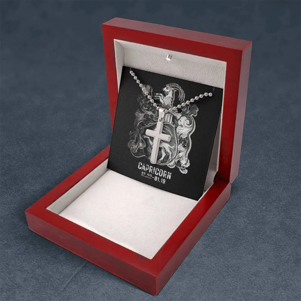 Zodiac Sign Cards Artisan Crafted Stainless Cross Ball Chain Necklace with Luxury Mahogany Box w/LED