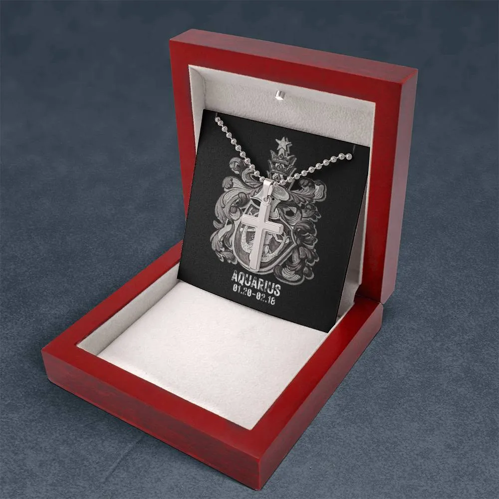 Zodiac Sign Cards Artisan Crafted Stainless Cross Ball Chain Necklace with Luxury Mahogany Box w/LED