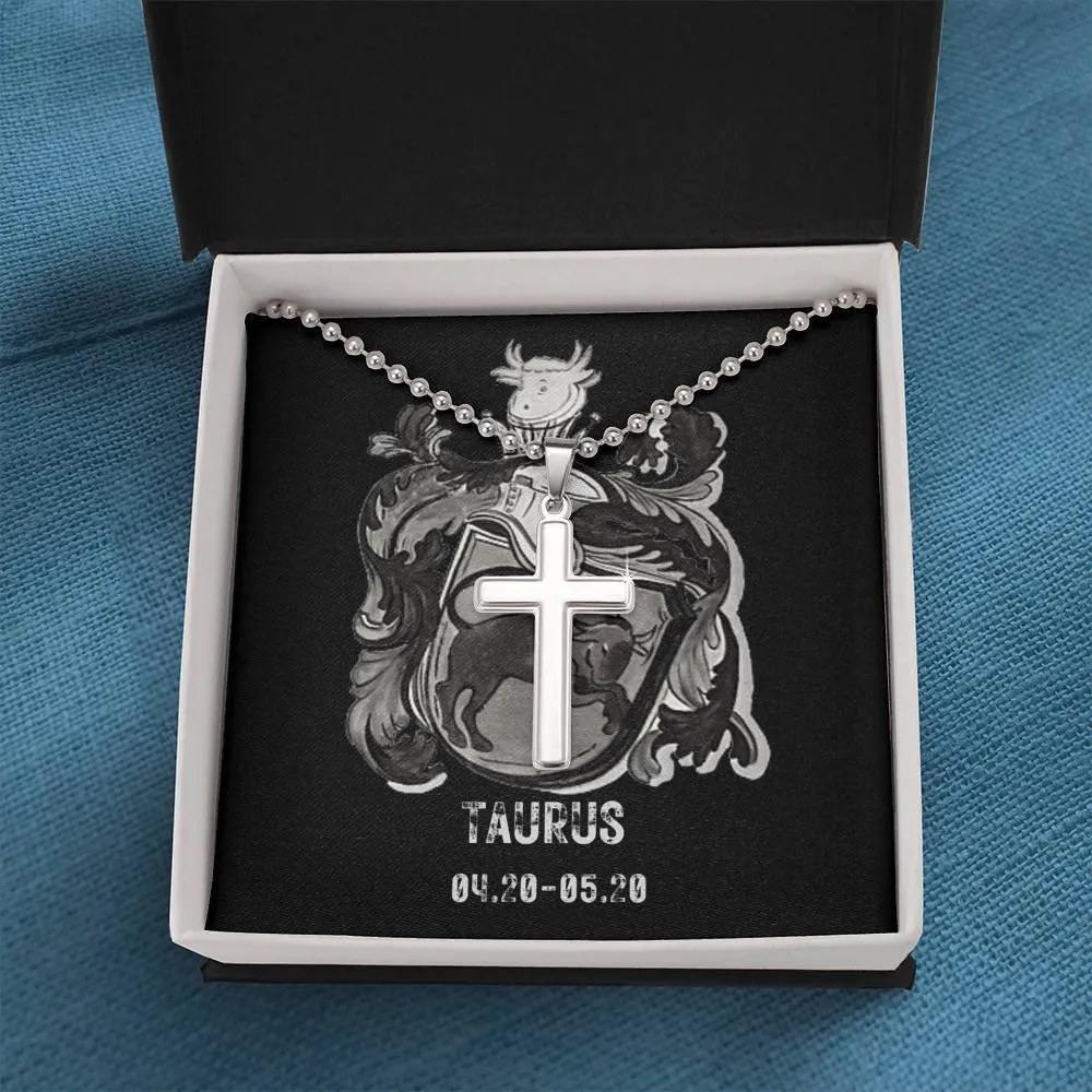 Zodiac Sign Cards Artisan Crafted Stainless Cross Ball Chain Necklace with Luxury Mahogany Box w/LED