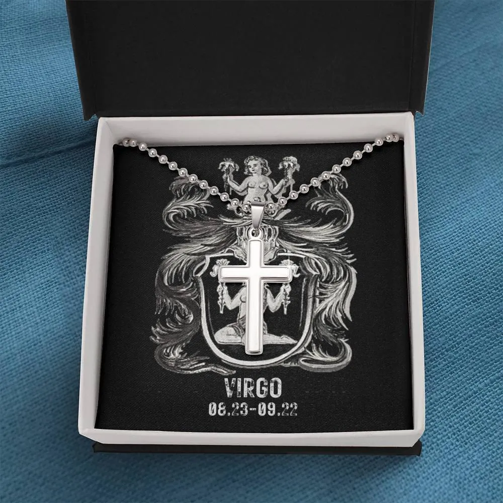 Zodiac Sign Cards Artisan Crafted Stainless Cross Ball Chain Necklace with Luxury Mahogany Box w/LED