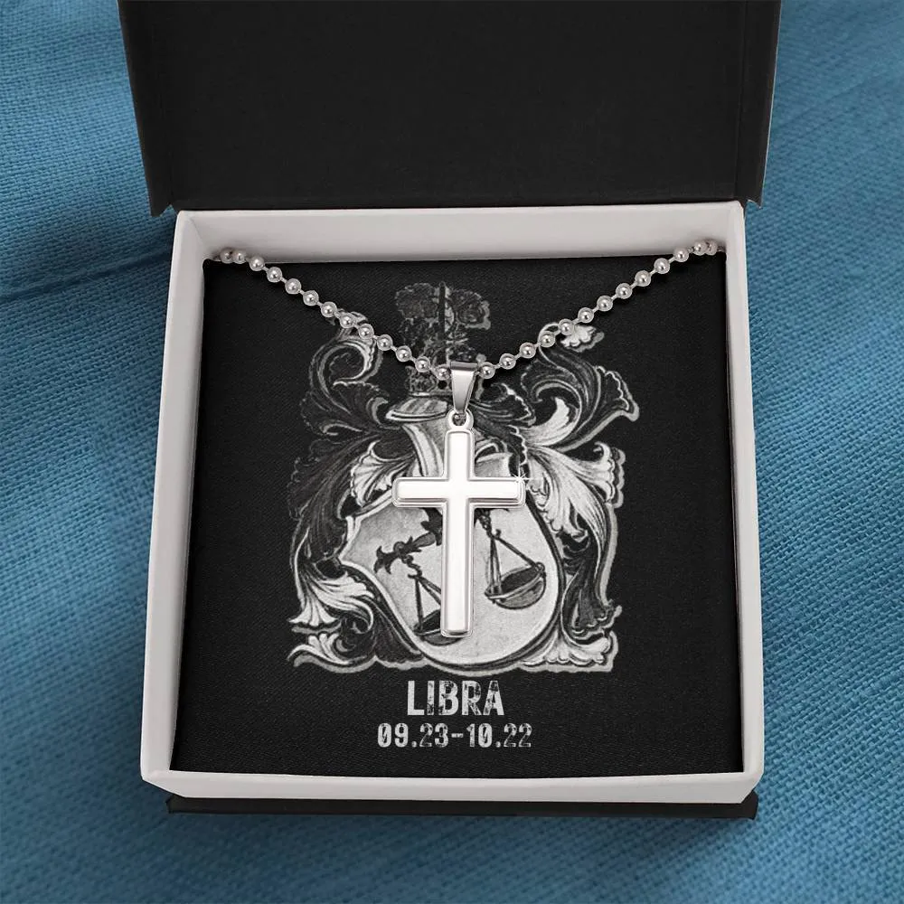 Zodiac Sign Cards Artisan Crafted Stainless Cross Ball Chain Necklace with Luxury Mahogany Box w/LED