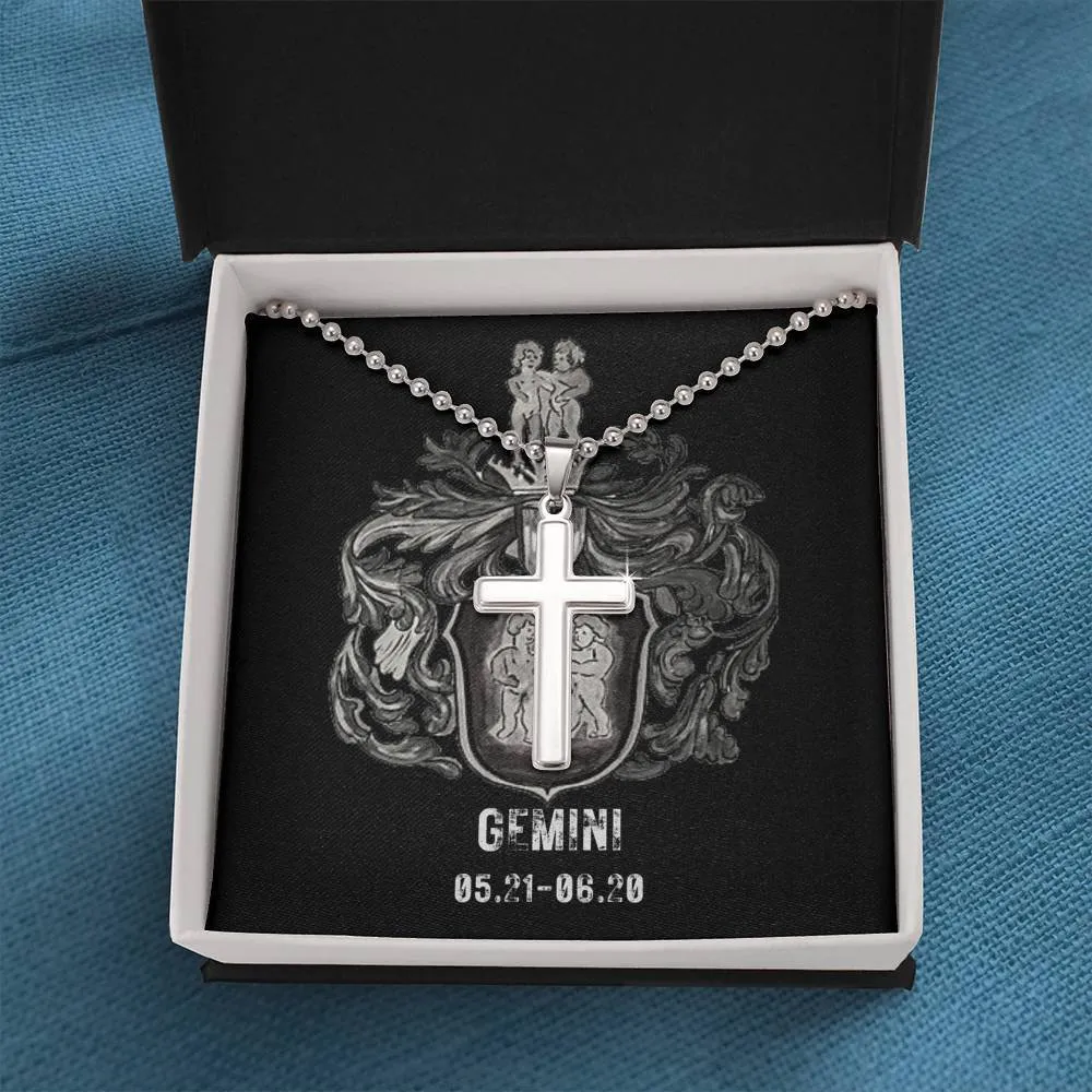 Zodiac Sign Cards Artisan Crafted Stainless Cross Ball Chain Necklace with Luxury Mahogany Box w/LED