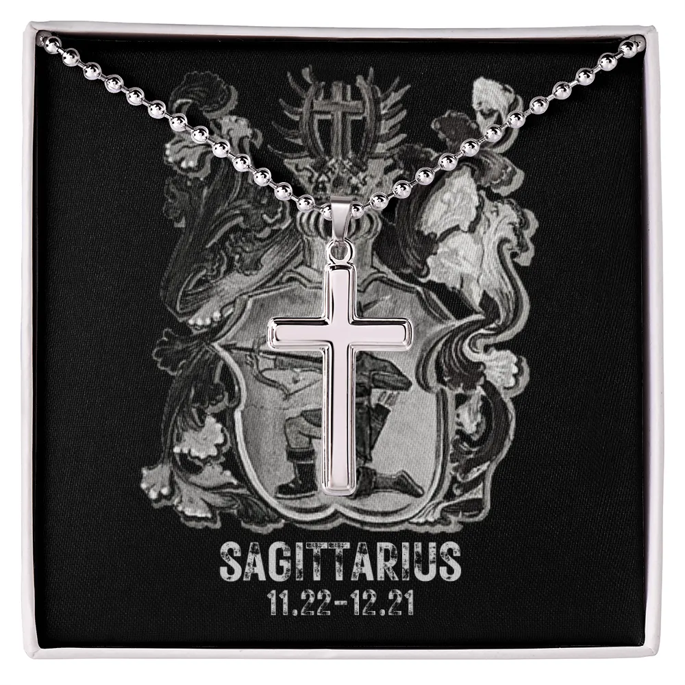 Zodiac Sign Cards Artisan Crafted Stainless Cross Ball Chain Necklace with Luxury Mahogany Box w/LED