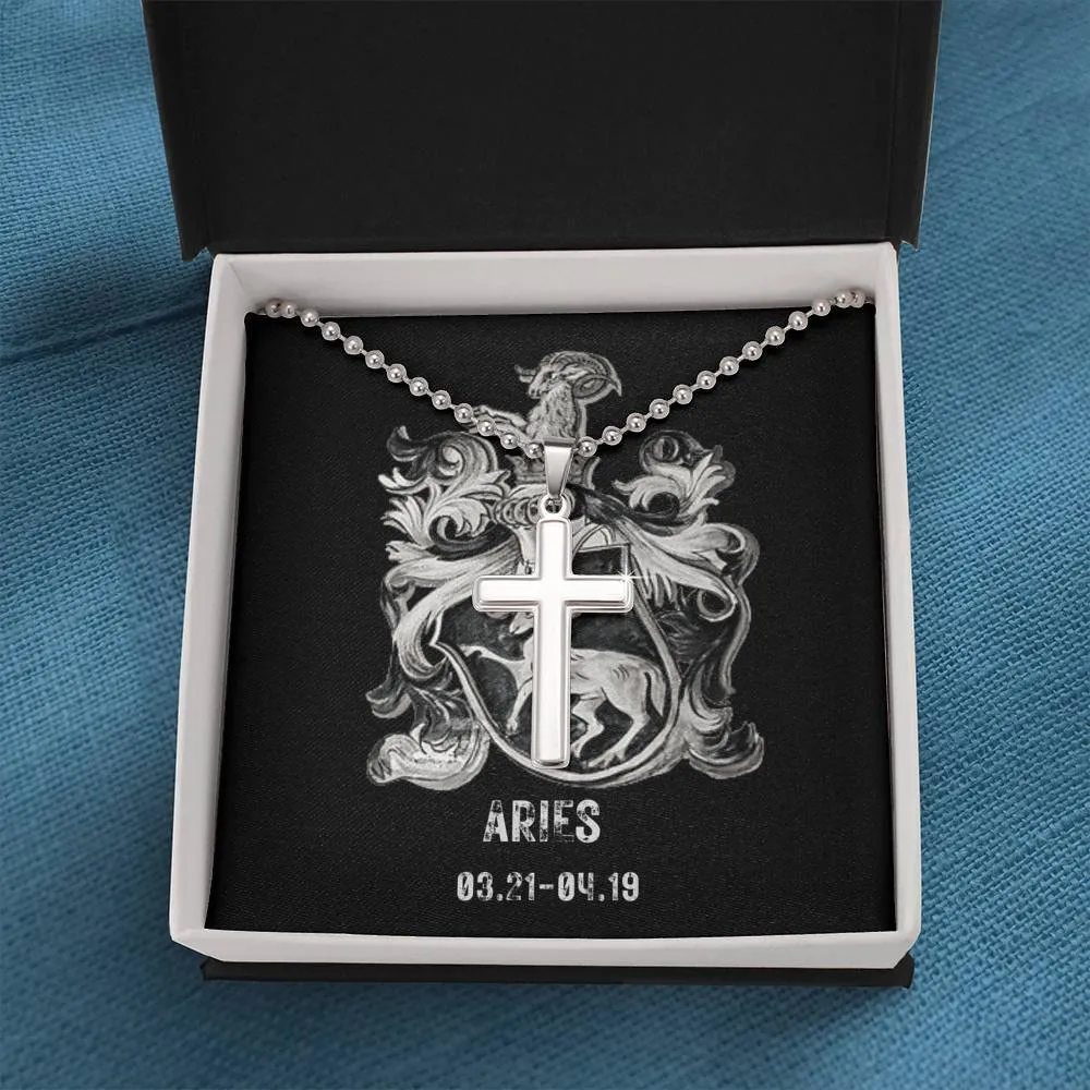 Zodiac Sign Cards Artisan Crafted Stainless Cross Ball Chain Necklace with Luxury Mahogany Box w/LED